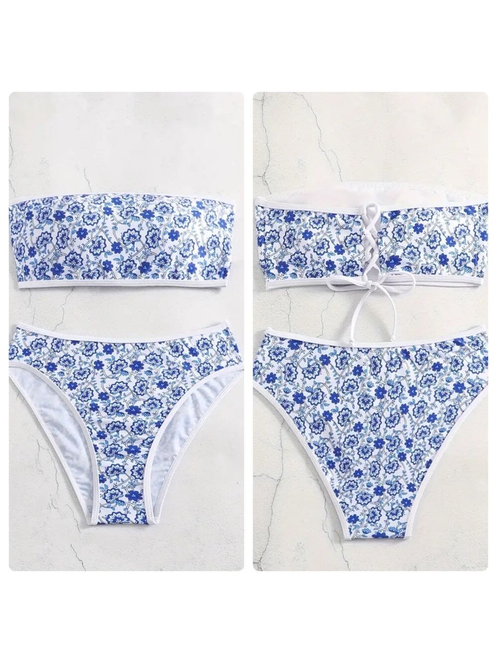 Blue Floral Bandeau High Waisted Bikini Set